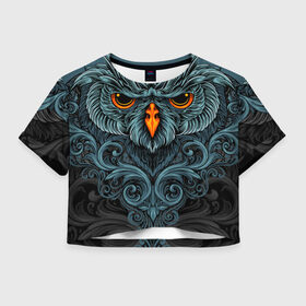 Женская футболка Crop-top 3D с принтом Ornament Owl в Екатеринбурге, 100% полиэстер | круглая горловина, длина футболки до линии талии, рукава с отворотами | арт | глаза | животные | обложка | орнамент | перья | птица | рисунок | рок | сова | татуировки