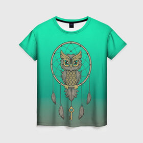 Женская футболка 3D с принтом сова ловец снов в Екатеринбурге, 100% полиэфир ( синтетическое хлопкоподобное полотно) | прямой крой, круглый вырез горловины, длина до линии бедер | арт | взгляд | градиент | знание | ключ | круг | ловец снов | масоны | мудрость | перо | птица | птичка | сова | тайна | филин