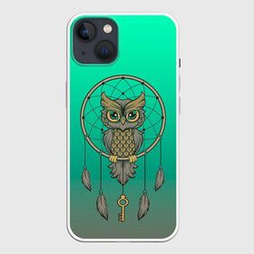 Чехол для iPhone 13 с принтом сова ловец снов в Екатеринбурге,  |  | арт | взгляд | градиент | знание | ключ | круг | ловец снов | масоны | мудрость | перо | птица | птичка | сова | тайна | филин
