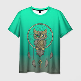 Мужская футболка 3D с принтом сова ловец снов в Екатеринбурге, 100% полиэфир | прямой крой, круглый вырез горловины, длина до линии бедер | арт | взгляд | градиент | знание | ключ | круг | ловец снов | масоны | мудрость | перо | птица | птичка | сова | тайна | филин