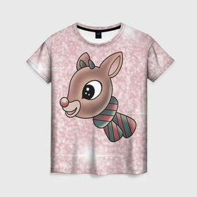 Женская футболка 3D с принтом Рождественский олень в Екатеринбурге, 100% полиэфир ( синтетическое хлопкоподобное полотно) | прямой крой, круглый вырез горловины, длина до линии бедер | 2021 | животное | звезды | мило | новый год | олень | рождество | рожки | розовый фон | шарф
