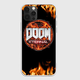 Чехол для iPhone 12 Pro с принтом DOOM Eternal в Екатеринбурге, силикон | область печати: задняя сторона чехла, без боковых панелей | doom eternal | дум | игра | компьютерная | логотип | надпись | огненный | огонь | подарок | пожар | символ | фанату | черный