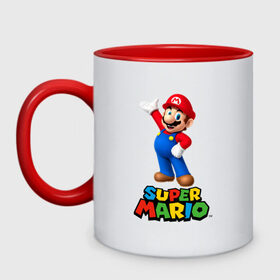 Кружка двухцветная с принтом Super Mario в Екатеринбурге, керамика | объем — 330 мл, диаметр — 80 мм. Цветная ручка и кайма сверху, в некоторых цветах — вся внутренняя часть | видеоигра | игра | марио | персонаж