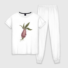 Женская пижама хлопок с принтом Мандрагора в Екатеринбурге, 100% хлопок | брюки и футболка прямого кроя, без карманов, на брюках мягкая резинка на поясе и по низу штанин | корни | листочки | растение | фэнтези
