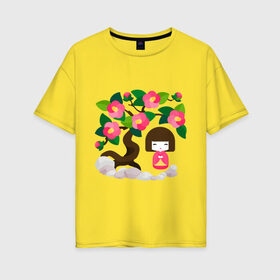 Женская футболка хлопок Oversize с принтом Японочка с камелиями в Екатеринбурге, 100% хлопок | свободный крой, круглый ворот, спущенный рукав, длина до линии бедер
 | camellie | camellietree | деревце | камелии | японочка