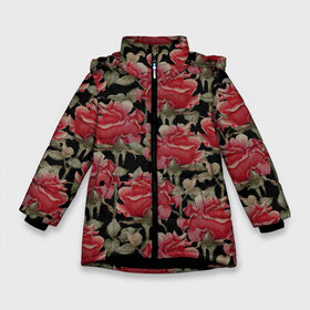 Зимняя куртка для девочек 3D с принтом Красные розы на черном фоне в Екатеринбурге, ткань верха — 100% полиэстер; подклад — 100% полиэстер, утеплитель — 100% полиэстер. | длина ниже бедра, удлиненная спинка, воротник стойка и отстегивающийся капюшон. Есть боковые карманы с листочкой на кнопках, утяжки по низу изделия и внутренний карман на молнии. 

Предусмотрены светоотражающий принт на спинке, радужный светоотражающий элемент на пуллере молнии и на резинке для утяжки. | 8 марта | flowers | summer | ботаническая иллюстрация | весна | зеленый | красный | лето | любовь | праздник | принт | природа | растения | розы | цветы | черный