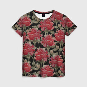 Женская футболка 3D с принтом Красные розы на черном фоне в Екатеринбурге, 100% полиэфир ( синтетическое хлопкоподобное полотно) | прямой крой, круглый вырез горловины, длина до линии бедер | Тематика изображения на принте: 8 марта | flowers | summer | ботаническая иллюстрация | весна | зеленый | красный | лето | любовь | праздник | принт | природа | растения | розы | цветы | черный