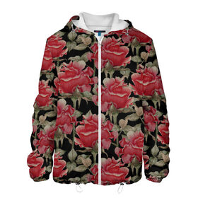 Мужская куртка 3D с принтом Красные розы на черном фоне в Екатеринбурге, ткань верха — 100% полиэстер, подклад — флис | прямой крой, подол и капюшон оформлены резинкой с фиксаторами, два кармана без застежек по бокам, один большой потайной карман на груди. Карман на груди застегивается на липучку | 8 марта | flowers | summer | ботаническая иллюстрация | весна | зеленый | красный | лето | любовь | праздник | принт | природа | растения | розы | цветы | черный