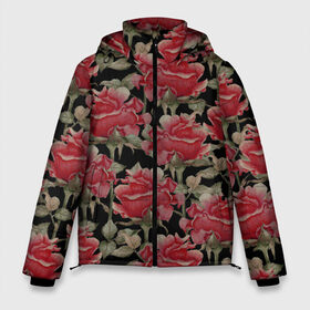 Мужская зимняя куртка 3D с принтом Красные розы на черном фоне в Екатеринбурге, верх — 100% полиэстер; подкладка — 100% полиэстер; утеплитель — 100% полиэстер | длина ниже бедра, свободный силуэт Оверсайз. Есть воротник-стойка, отстегивающийся капюшон и ветрозащитная планка. 

Боковые карманы с листочкой на кнопках и внутренний карман на молнии. | Тематика изображения на принте: 8 марта | flowers | summer | ботаническая иллюстрация | весна | зеленый | красный | лето | любовь | праздник | принт | природа | растения | розы | цветы | черный