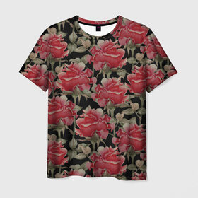 Мужская футболка 3D с принтом Красные розы на черном фоне в Екатеринбурге, 100% полиэфир | прямой крой, круглый вырез горловины, длина до линии бедер | 8 марта | flowers | summer | ботаническая иллюстрация | весна | зеленый | красный | лето | любовь | праздник | принт | природа | растения | розы | цветы | черный