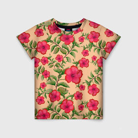Детская футболка 3D с принтом Гибискусы на бежевом фоне в Екатеринбурге, 100% гипоаллергенный полиэфир | прямой крой, круглый вырез горловины, длина до линии бедер, чуть спущенное плечо, ткань немного тянется | 8 марта | flowers | summer | бежевый | ботаническая иллюстрация | весна | гибискус | зеленый | красный | лето | любовь | праздник | принт | природа | растения | цветы