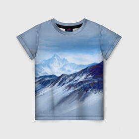 Детская футболка 3D с принтом Серо-голубые горы в Екатеринбурге, 100% гипоаллергенный полиэфир | прямой крой, круглый вырез горловины, длина до линии бедер, чуть спущенное плечо, ткань немного тянется | арт | горы | живопись | кистью | краски | пейзаж | рисунок | серый