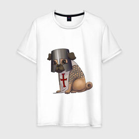 Мужская футболка хлопок с принтом Сэр мопс в Екатеринбурге, 100% хлопок | прямой крой, круглый вырез горловины, длина до линии бедер, слегка спущенное плечо. | крестоносец | мопс | пёс | собака | тамплиер
