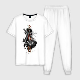 Мужская пижама хлопок с принтом Assassins Creed Valhalla Тату в Екатеринбурге, 100% хлопок | брюки и футболка прямого кроя, без карманов, на брюках мягкая резинка на поясе и по низу штанин
 | викинги | графика | драккар | корабль | орел | руны | тату | черный
