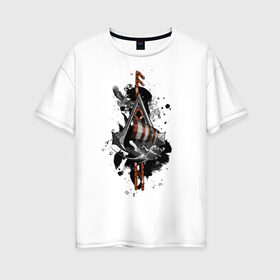 Женская футболка хлопок Oversize с принтом Assassins Creed Valhalla Тату в Екатеринбурге, 100% хлопок | свободный крой, круглый ворот, спущенный рукав, длина до линии бедер
 | викинги | графика | драккар | корабль | орел | руны | тату | черный
