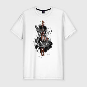 Мужская футболка хлопок Slim с принтом Assassins Creed Valhalla Тату в Екатеринбурге, 92% хлопок, 8% лайкра | приталенный силуэт, круглый вырез ворота, длина до линии бедра, короткий рукав | викинги | графика | драккар | корабль | орел | руны | тату | черный
