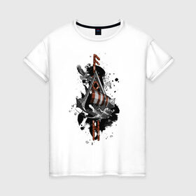 Женская футболка хлопок с принтом Assassins Creed Valhalla Тату в Екатеринбурге, 100% хлопок | прямой крой, круглый вырез горловины, длина до линии бедер, слегка спущенное плечо | викинги | графика | драккар | корабль | орел | руны | тату | черный
