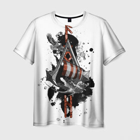 Мужская футболка 3D с принтом Assassins Creed Valhalla Тату в Екатеринбурге, 100% полиэфир | прямой крой, круглый вырез горловины, длина до линии бедер | ассасинс крид | викинги | графика | драккар | корабль | орел | руны | тату
