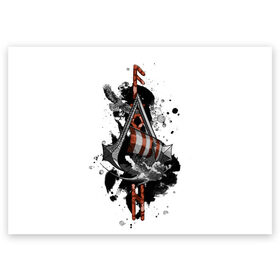 Поздравительная открытка с принтом Assassins Creed Valhalla Тату в Екатеринбурге, 100% бумага | плотность бумаги 280 г/м2, матовая, на обратной стороне линовка и место для марки
 | ассасинс крид | викинги | графика | драккар | корабль | орел | руны | тату