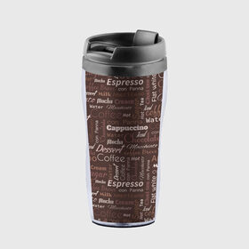 Термокружка-непроливайка с принтом Кофейные Напитки в Екатеринбурге, внутренняя часть — пищевой пластик, наружная часть — прозрачный пластик, между ними — полиграфическая вставка с рисунком | объем — 350 мл, герметичная крышка | americano | coffee | espresso | latte | nescafe | американо | бариста | бармен | капучино | кофе | кофевар | кофейные зерна | кофейня | кружка кофе | латте | макиато | моккачино | мокко | нескафе | чай | чашка кофе | шоколад