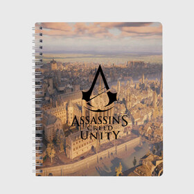 Тетрадь с принтом Assassin’s Creed Unity в Екатеринбурге, 100% бумага | 48 листов, плотность листов — 60 г/м2, плотность картонной обложки — 250 г/м2. Листы скреплены сбоку удобной пружинной спиралью. Уголки страниц и обложки скругленные. Цвет линий — светло-серый
 | black flag | brotherhood | chronicles | creed | game | origins | revelations | rogue | syndicate | unity | valhalla | альтаир | ассасин | игры | кинжал | пираты