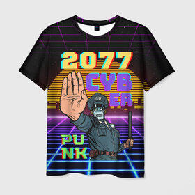 Мужская футболка 3D с принтом Retro Cyberpunk в Екатеринбурге, 100% полиэфир | прямой крой, круглый вырез горловины, длина до линии бедер | 2077 | 3d | cyber punk | cyberpunk | retro | кибер панк | киберпанк | полная запечатка | ретро | робот