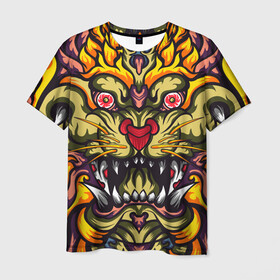 Мужская футболка 3D с принтом Абстракция тигр в Екатеринбурге, 100% полиэфир | прямой крой, круглый вырез горловины, длина до линии бедер | абстракция | арт | глаза | голова | животные | клыки | монстр | огонь | орнамент | рисунок | тигр