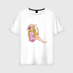 Женская футболка хлопок Oversize с принтом Варвара в Екатеринбурге, 100% хлопок | свободный крой, круглый ворот, спущенный рукав, длина до линии бедер
 | в шляпке | девушка | еда | кокетка | коктейль