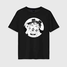 Женская футболка хлопок Oversize с принтом Dark moon в Екатеринбурге, 100% хлопок | свободный крой, круглый ворот, спущенный рукав, длина до линии бедер
 | sailor moon | аниме | девушка | демон | клыки | луна | сейлор мун | суккуб | черно белый