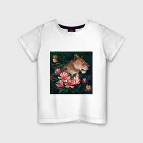 Детская футболка хлопок с принтом Львица в Екатеринбурге, 100% хлопок | круглый вырез горловины, полуприлегающий силуэт, длина до линии бедер | животное | кошка | лев | львица | природа | растения | хищник | цветы