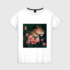 Женская футболка хлопок с принтом Львица в Екатеринбурге, 100% хлопок | прямой крой, круглый вырез горловины, длина до линии бедер, слегка спущенное плечо | животное | кошка | лев | львица | природа | растения | хищник | цветы
