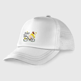 Детская кепка тракер с принтом Велосипедистка в Екатеринбурге, Козырек - 100% хлопок. Кепка - 100% полиэстер, Задняя часть - сетка | универсальный размер, пластиковая застёжка | велосипед | девушка | желтый | лето | подсолнухи | спорт