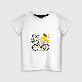 Детская футболка хлопок с принтом Велосипедистка в Екатеринбурге, 100% хлопок | круглый вырез горловины, полуприлегающий силуэт, длина до линии бедер | велосипед | девушка | желтый | лето | подсолнухи | спорт