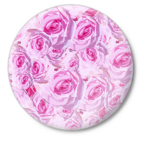 Значок с принтом Roses в Екатеринбурге,  металл | круглая форма, металлическая застежка в виде булавки | Тематика изображения на принте: дизайн с розами | женственность | нежность | роза | розовый принт | розовый фон | розы | цветы