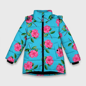 Зимняя куртка для девочек 3D с принтом Камелии на голубом фоне в Екатеринбурге, ткань верха — 100% полиэстер; подклад — 100% полиэстер, утеплитель — 100% полиэстер. | длина ниже бедра, удлиненная спинка, воротник стойка и отстегивающийся капюшон. Есть боковые карманы с листочкой на кнопках, утяжки по низу изделия и внутренний карман на молнии. 

Предусмотрены светоотражающий принт на спинке, радужный светоотражающий элемент на пуллере молнии и на резинке для утяжки. | 8 марта | flowers | summer | ботаническая иллюстрация | весна | зеленый | камелии | лето | любовь | праздник | принт | природа | растения | розовый | цветы
