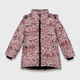 Зимняя куртка для девочек 3D с принтом Листья на коричневом фоне в Екатеринбурге, ткань верха — 100% полиэстер; подклад — 100% полиэстер, утеплитель — 100% полиэстер. | длина ниже бедра, удлиненная спинка, воротник стойка и отстегивающийся капюшон. Есть боковые карманы с листочкой на кнопках, утяжки по низу изделия и внутренний карман на молнии. 

Предусмотрены светоотражающий принт на спинке, радужный светоотражающий элемент на пуллере молнии и на резинке для утяжки. | Тематика изображения на принте: 8 марта | summer | белый | ботаническая иллюстрация | весна | веточки | коричневый | лето | листья | любовь | праздник | принт | природа | растения | узор