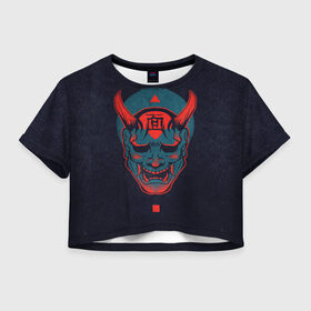 Женская футболка Crop-top 3D с принтом Samurai в Екатеринбурге, 100% полиэстер | круглая горловина, длина футболки до линии талии, рукава с отворотами | dark | голова с рогами | самурай | тьма | череп | череп с рогами