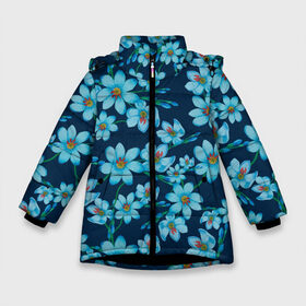 Зимняя куртка для девочек 3D с принтом Иксии не темно синем фоне в Екатеринбурге, ткань верха — 100% полиэстер; подклад — 100% полиэстер, утеплитель — 100% полиэстер. | длина ниже бедра, удлиненная спинка, воротник стойка и отстегивающийся капюшон. Есть боковые карманы с листочкой на кнопках, утяжки по низу изделия и внутренний карман на молнии. 

Предусмотрены светоотражающий принт на спинке, радужный светоотражающий элемент на пуллере молнии и на резинке для утяжки. | 8 марта | flowers | summer | ботаническая иллюстрация | весна | иксии | лето | любовь | праздник | принт | природа | растения | синий | цветы