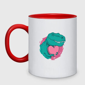 Кружка двухцветная с принтом Влюбленный динозавр T-Rex в Екатеринбурге, керамика | объем — 330 мл, диаметр — 80 мм. Цветная ручка и кайма сверху, в некоторых цветах — вся внутренняя часть | 14 февраля | dinosaur | heart | hearts | love | pink | t rex | valentine | valentines | валентинка | валентинов день | день влюбленных | динозавр | лав | лав ю | любовь | розовое | святой валентин | сердечки | сердце | ти рекс