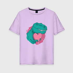 Женская футболка хлопок Oversize с принтом Влюбленный динозавр T-Rex в Екатеринбурге, 100% хлопок | свободный крой, круглый ворот, спущенный рукав, длина до линии бедер
 | 14 февраля | dinosaur | heart | hearts | love | pink | t rex | valentine | valentines | валентинка | валентинов день | день влюбленных | динозавр | лав | лав ю | любовь | розовое | святой валентин | сердечки | сердце | ти рекс