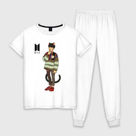 Женская пижама хлопок с принтом BTS Cat в Екатеринбурге, 100% хлопок | брюки и футболка прямого кроя, без карманов, на брюках мягкая резинка на поясе и по низу штанин | bts | k pop | kpop | rm | аниме | бтс | ви | джей хоуп | джонгук | кпоп | сюга | чимин | чин | япония