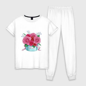 Женская пижама хлопок с принтом Букет Роз в Екатеринбурге, 100% хлопок | брюки и футболка прямого кроя, без карманов, на брюках мягкая резинка на поясе и по низу штанин | красный | розы | тюльпаны | цветы