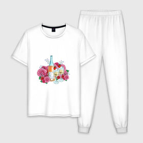 Мужская пижама хлопок с принтом Романтический пикник в Екатеринбурге, 100% хлопок | брюки и футболка прямого кроя, без карманов, на брюках мягкая резинка на поясе и по низу штанин
 | винишко | еда | красный | розы | романтика | тюльпаны | цветы