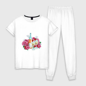 Женская пижама хлопок с принтом Романтический пикник в Екатеринбурге, 100% хлопок | брюки и футболка прямого кроя, без карманов, на брюках мягкая резинка на поясе и по низу штанин | винишко | еда | красный | розы | романтика | тюльпаны | цветы