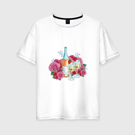 Женская футболка хлопок Oversize с принтом Романтический пикник в Екатеринбурге, 100% хлопок | свободный крой, круглый ворот, спущенный рукав, длина до линии бедер
 | винишко | еда | красный | розы | романтика | тюльпаны | цветы