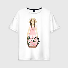 Женская футболка хлопок Oversize с принтом Девушка с цветами в Екатеринбурге, 100% хлопок | свободный крой, круглый ворот, спущенный рукав, длина до линии бедер
 | 8 марта | dreams | всемирный женский день | цветы