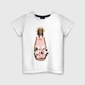 Детская футболка хлопок с принтом Девушка с корзиной тюльпанов в Екатеринбурге, 100% хлопок | круглый вырез горловины, полуприлегающий силуэт, длина до линии бедер | 8 марта | dreams | всемирный женский день | цветы