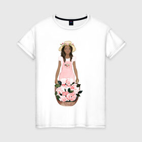 Женская футболка хлопок с принтом Девушка с корзиной тюльпанов в Екатеринбурге, 100% хлопок | прямой крой, круглый вырез горловины, длина до линии бедер, слегка спущенное плечо | 8 марта | dreams | всемирный женский день | цветы