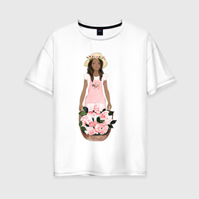 Женская футболка хлопок Oversize с принтом Девушка с корзиной тюльпанов в Екатеринбурге, 100% хлопок | свободный крой, круглый ворот, спущенный рукав, длина до линии бедер
 | 8 марта | dreams | всемирный женский день | цветы