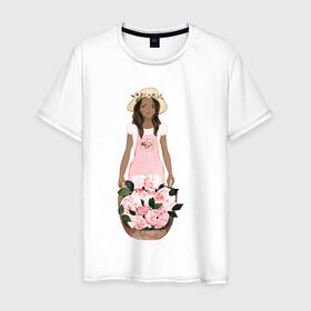 Мужская футболка хлопок с принтом Девушка с корзиной тюльпанов в Екатеринбурге, 100% хлопок | прямой крой, круглый вырез горловины, длина до линии бедер, слегка спущенное плечо. | 8 марта | dreams | всемирный женский день | цветы